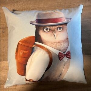 Owl Print Throw Pillow with Hat and Backpack
